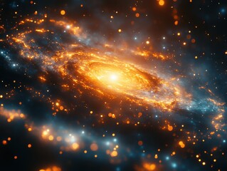 A vibrant cosmic illustration of a supernova explosion, filled with swirling golden and orange...