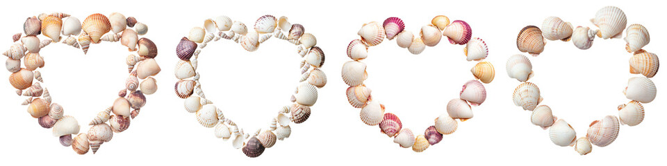 Romantic heart shaped seashell arrangement on sandy coastal beach background  Natural seashells conches and other ocean elements forming a beautiful decorative composition  Summertime wellness