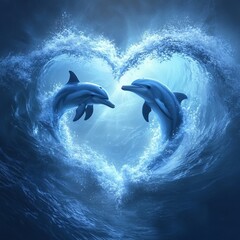 Naklejka premium A pair of dolphins swimming in a glowing heart-shaped ocean wave