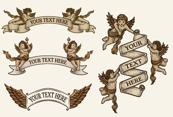 Set of vintage ribbon with cupid angel. hand drawn style. vector design