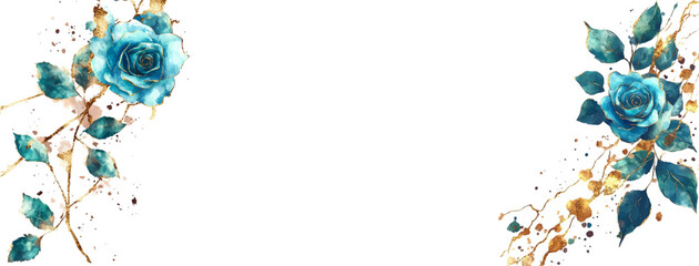 Vector watercolor rose flower, can be used for borders. blue rose flower with leaves. Cards, invitations, decorative borders garlands.  Valentine's Day