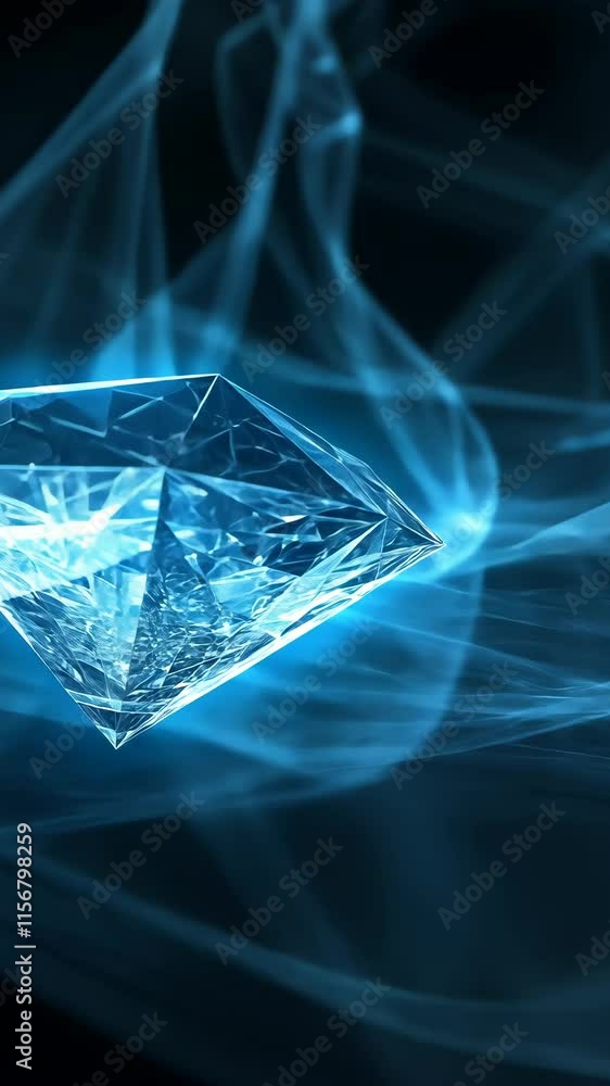 Poster glowing blue diamond surrounded by swirling light on dark background creating a mesmerizing visual e
