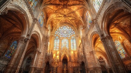 Obraz premium Majestic interior of a cathedral with intricate architecture and colorful stained glass windows.