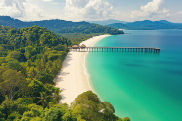 Obraz premium Stunning beach with clear turquoise water and lush green hills Generative Ai