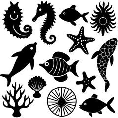 Set of Underwater Silhouettes: Fish, Seahorse, Dolphin, Seashell, Starfish, Jellyfish, Coral, and Crab - Black and White Vector Illustration