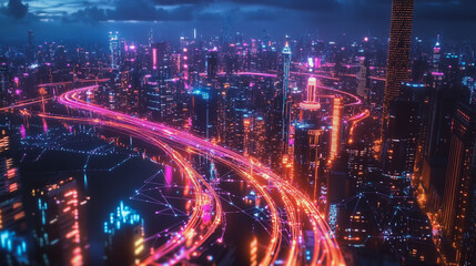 Fototapeta premium Smart digital Innovation city with connection network reciprocity over the cityscape. of future smart wireless city and social media networking systems that connects business people with in city