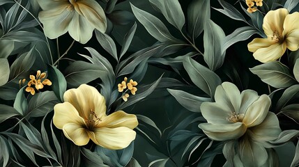 Elegant Dark Green Floral Illustration: Lushly Detailed Botanical Seamless Pattern. AI Generated