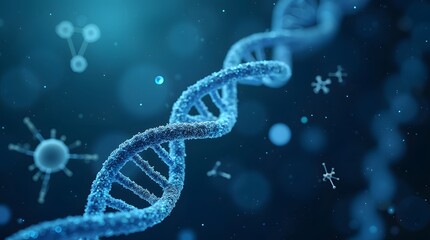 Innovative biotechnology conceptual background featuring DNA strands, molecular structures, and scientific elements representing genetic research and technological advancements