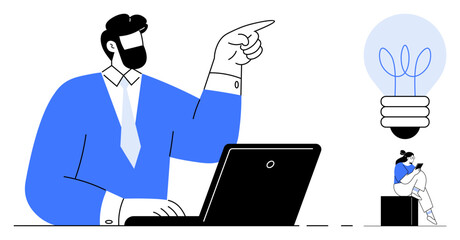 Businessman pointing while typing on a laptop. Large lightbulb and small person thinking. Ideal for innovation, creativity, business plans, strategies, leadership, entrepreneurship motivation. Light