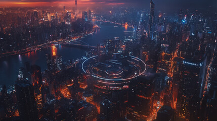 Fototapeta premium Smart digital Innovation city with connection network reciprocity over the cityscape. of future smart wireless city and social media networking systems that connects business people with in city