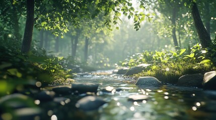 Fototapeta premium Serene Forest Stream Sunlight Dappled Greens