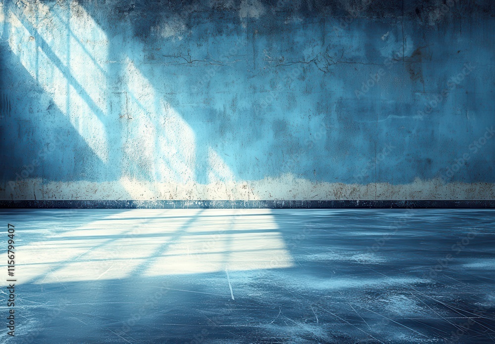 Poster soft light casting shadows on an empty ice rink with a weathered blue wall background and subtle tex