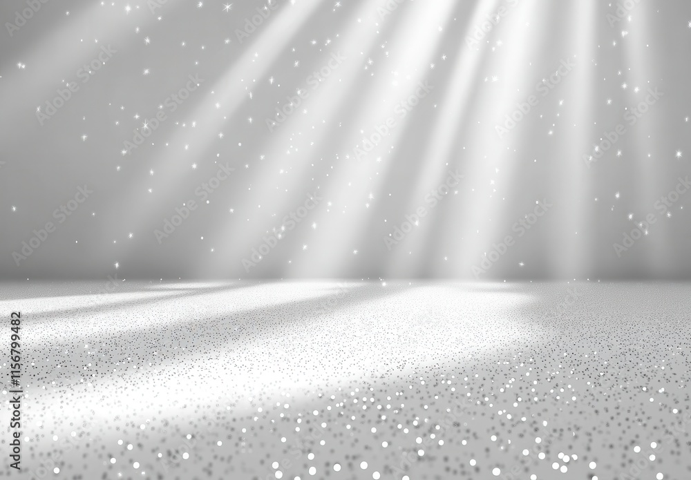 Poster soft silver light shining through a misty atmosphere with gentle glitter on the ground, creating a m