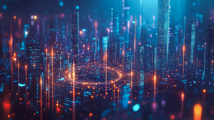 Obraz premium Smart digital Innovation city with connection network reciprocity over the cityscape. of future smart wireless city and social media networking systems that connects business people with in city