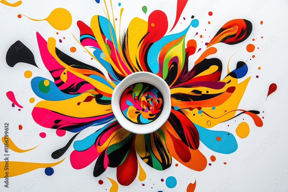 Poster vibrant swirls of color surrounding a white bowl in a dynamic art display