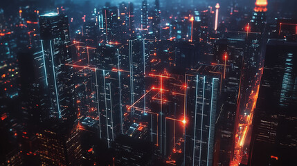 Fototapeta premium Smart digital Innovation city with connection network reciprocity over the cityscape. of future smart wireless city and social media networking systems that connects business people with in city