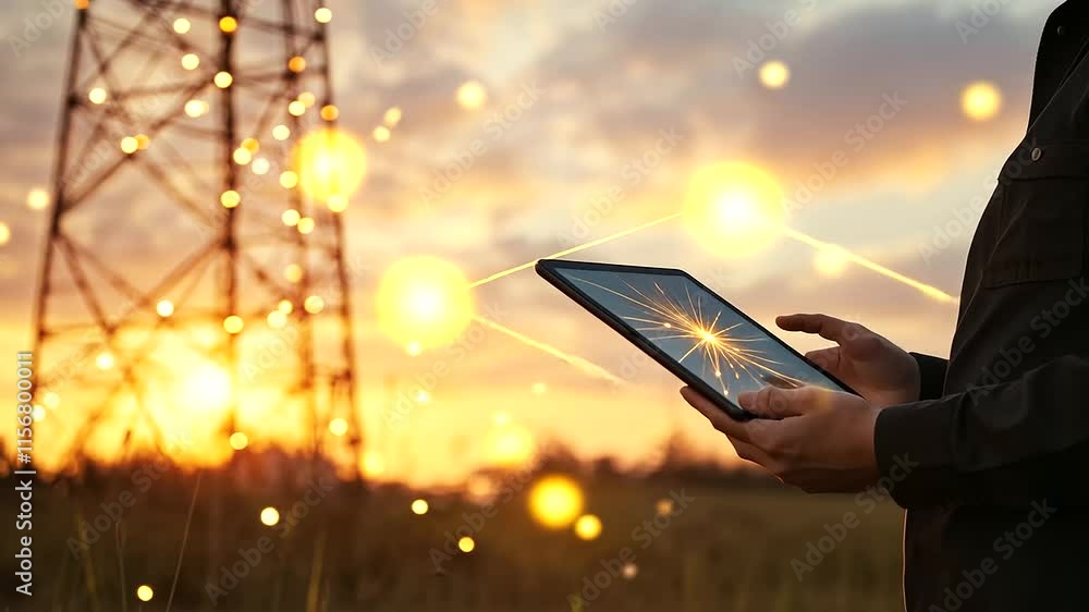 Poster a close-up of an engineer holding a tablet with connectivity data, standing near a telecom tower ill