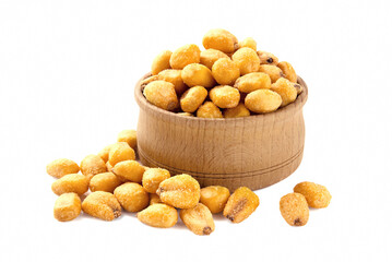 Roasted salted corn nuts in wooden bowl, isolated on white background.