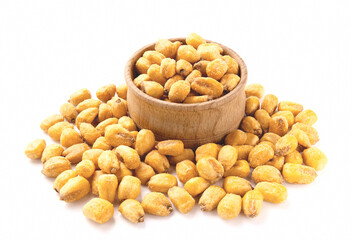 Roasted salted corn nuts in wooden bowl, isolated on white backg