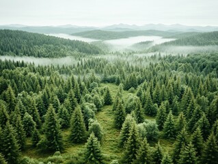 Obraz premium A serene aerial view of a dense evergreen forest blanketed with mist, stretching into distant hills under a soft, cloudy sky.