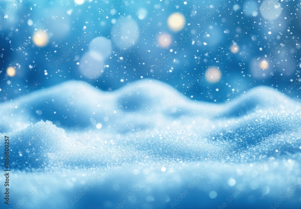Poster soft snowflakes gently falling on a sparkling winter landscape with a dreamy blue background and gli