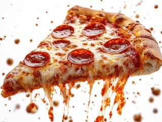 A mouthwatering slice of pepperoni pizza with gooey cheese and crispy crust, isolated on a white background with sauce splatters.