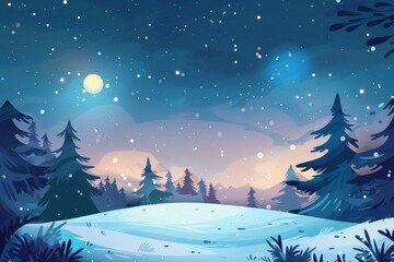 A Nighttime Snowy Forest Scene with Pine Trees and a Moon in the Sky