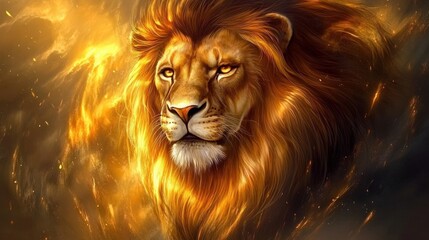 Naklejka premium Majestic Golden Lion Amidst Fiery Embers
