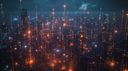 Fototapeta premium Smart digital Innovation city with connection network reciprocity over the cityscape. of future smart wireless city and social media networking systems that connects business people with in city