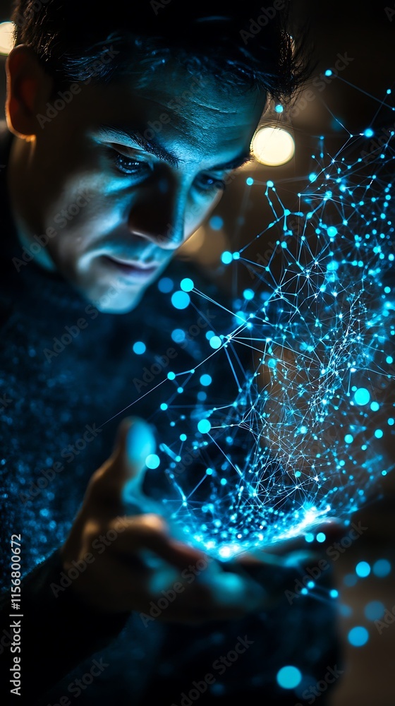 Poster man exploring digital network, futuristic technology concept