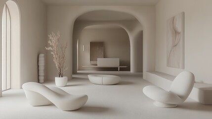 A serene minimalist living room with pale walls, sculptural furniture, and an airy open concept design