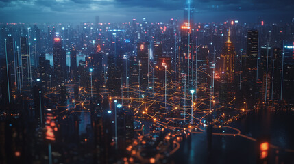 Fototapeta premium Smart digital Innovation city with connection network reciprocity over the cityscape. of future smart wireless city and social media networking systems that connects business people with in city