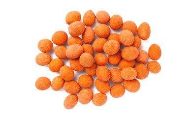 Pile of whole paprika coated peanuts isolated on white.