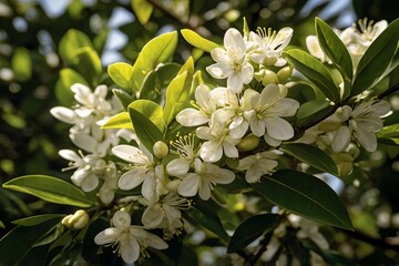 The flowers of the grapefruit plant begin to bloom, soon to become fruit