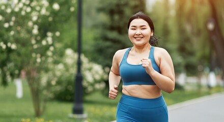 Fototapeta premium Determined asian young adult woman jogging in park for fitness and wellness