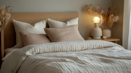 A serene retreat with warm bedside lamps, layered neutral bedding, and sleek, uncluttered design