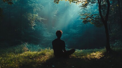 Fototapeta premium Peaceful Solitude: A Man Meditates in an Enchanting Forest