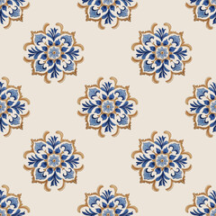 Ethnic floral design in muted blue and beige tones, perfect for adding a boho touch to covers, textile, packaging, and home decor.