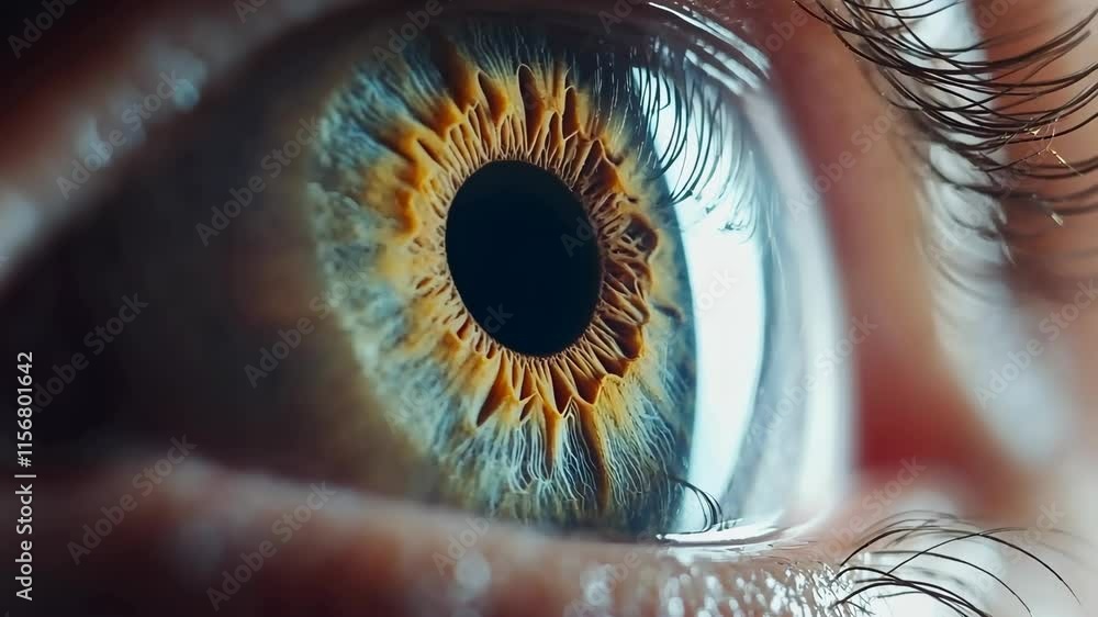 Poster close-up view of a human eye showcasing vibrant colors and intricate patterns in the iris