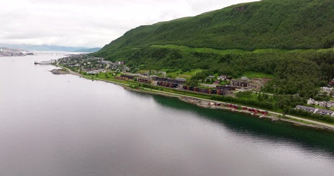 Contemporary Nordic Residential Houses Along E8 Road In Tromso, Norway. Aerial Drone Shot