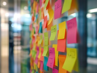 Colleagues sharing ideas on sticky notes in an open office, colorful inspiration and brainstorming