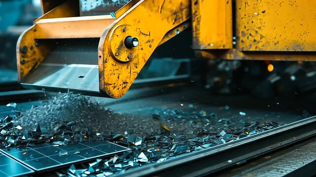 A detailed view of machinery shredding old solar panels into manageable pieces, emphasizing efficient and eco-friendly recycling processes