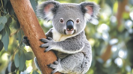 Naklejka premium Close-up of a cute koala among lush green leaves in natural habitat