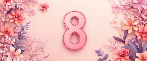 Illustration of number 8 and floral decoration for background and banner for 8th march women