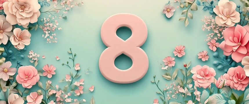 Illustration of number 8 and floral decoration for background and banner for 8th march women