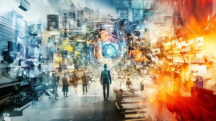 Intriguing Digital Painting: Man Walks Through Vibrant, Surreal Cityscape. AI Generated