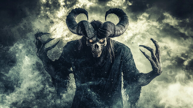 A terrifying, ancient demonic creature with a massive horned head, its glowing eyes piercing through the void as it summons a swirling storm of darkness, crackling with eerie energy.
