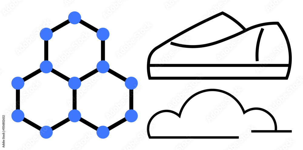 Aufkleber molecular structure with hexagonal pattern and blue dots, futuristic shoe outline above cloud shape.
