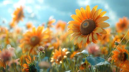 Summer meadow with blooming sunflowers and clear skies