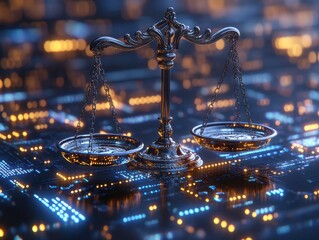 A digital illustration of law scales over a data center background, blending legal concepts with technology. The image conveys a sense of digital justice.